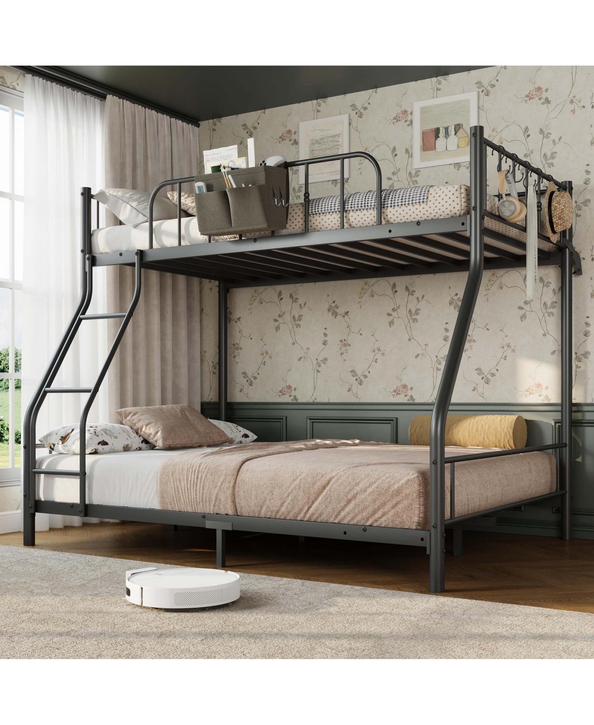 Homfan Twin Over Full Bunk Bed, Heavy-Duty Metal Frame with Ladder & Storage Bag, Steel Slats, No Box Spring Needed, Space-Saving for Kids' Bedroom
