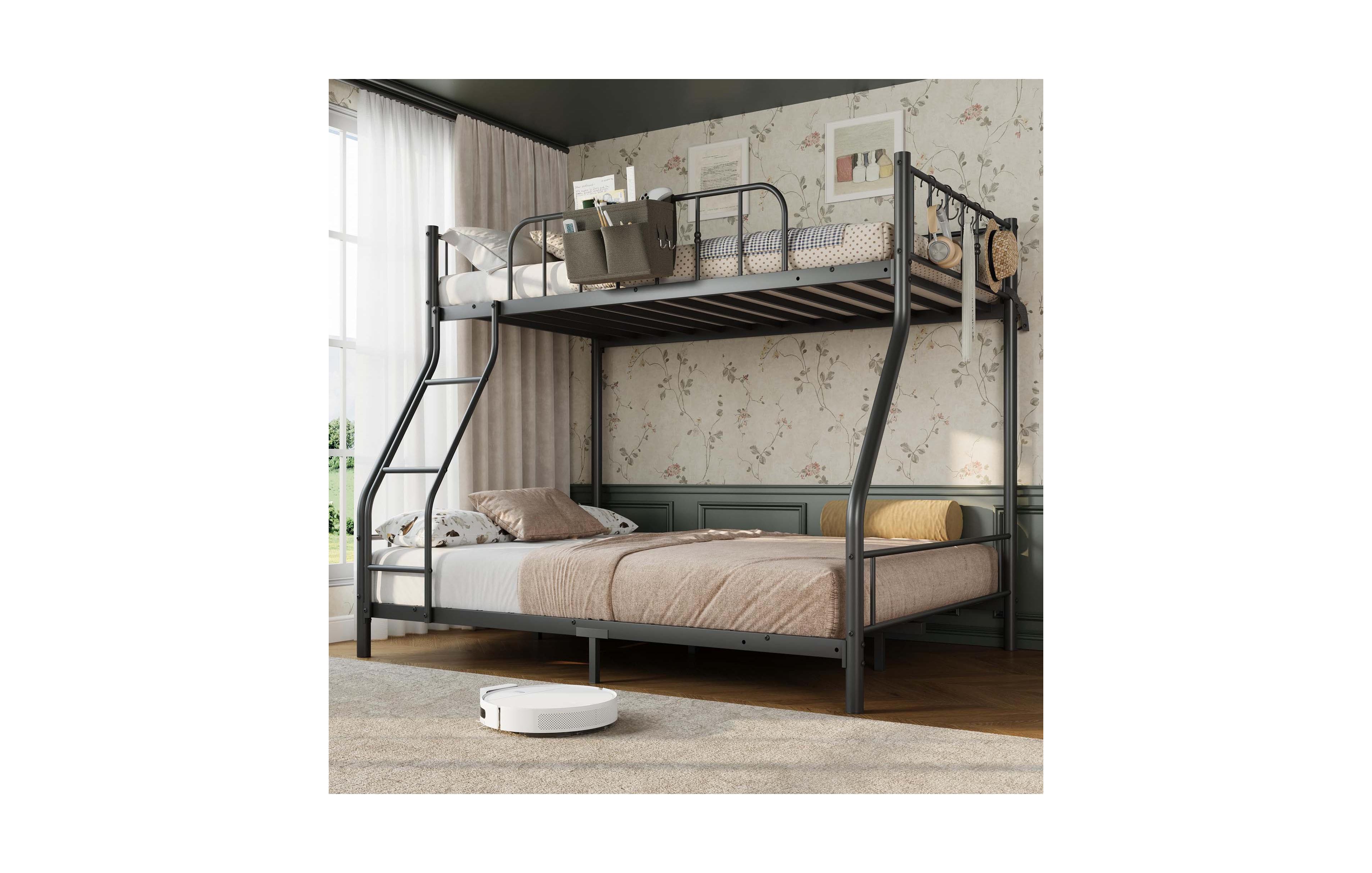 Homfan Twin Over Full Bunk Bed, Heavy-Duty Metal Frame with Ladder & Storage Bag, Steel Slats, No Box Spring Needed, Space-Saving for Kids' Bedroom