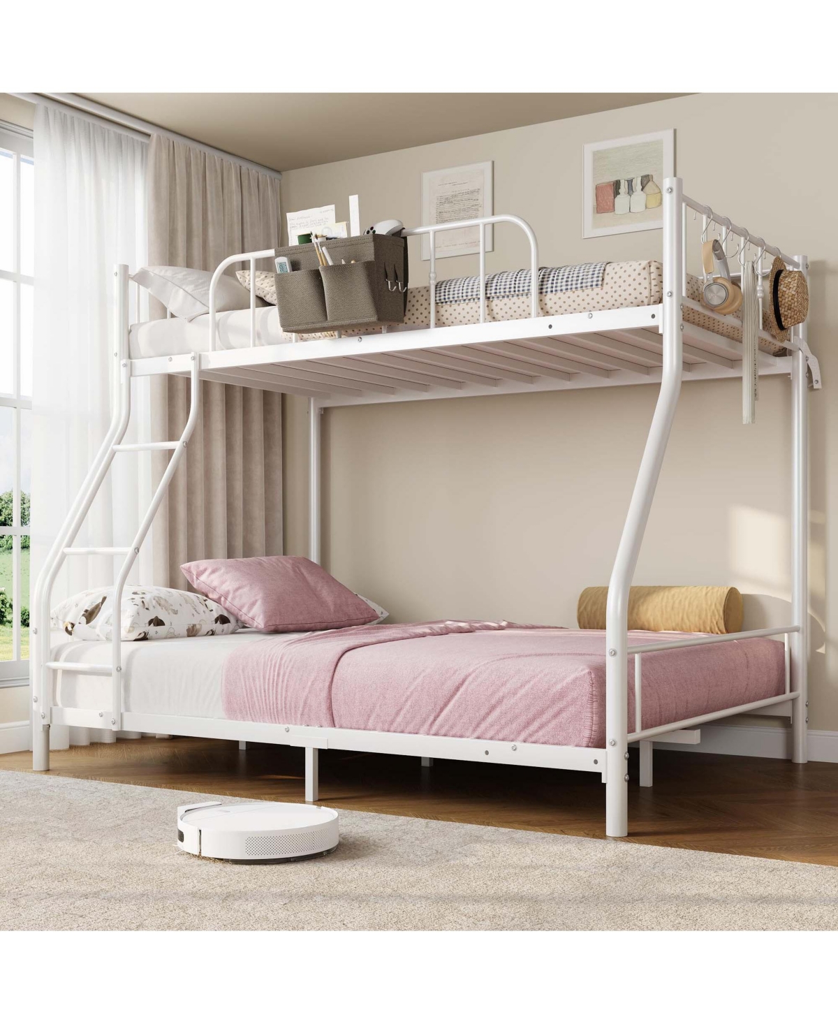Homfan Twin Over Full Bunk Bed, Heavy-Duty Metal Frame with Ladder & Storage Bag, Steel Slats, No Box Spring Needed, Space-Saving for Kids' Bedroom -