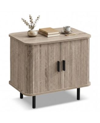 Mid-Century End Table Nightstand with Sliding Tambour Doors and 2-Tier Shelf