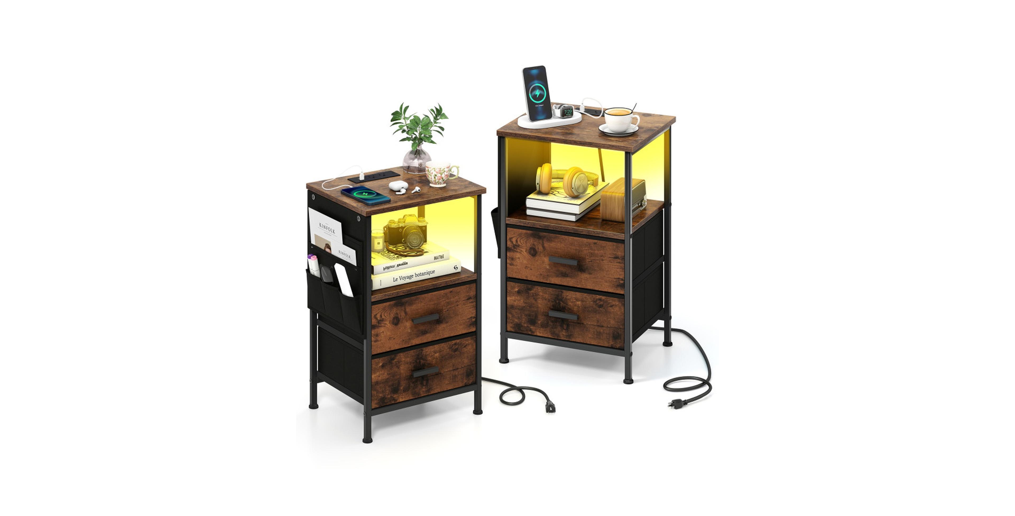 Gouun End Table Set of 2 with Charging Station Led Lights and Folding Fabric Drawers