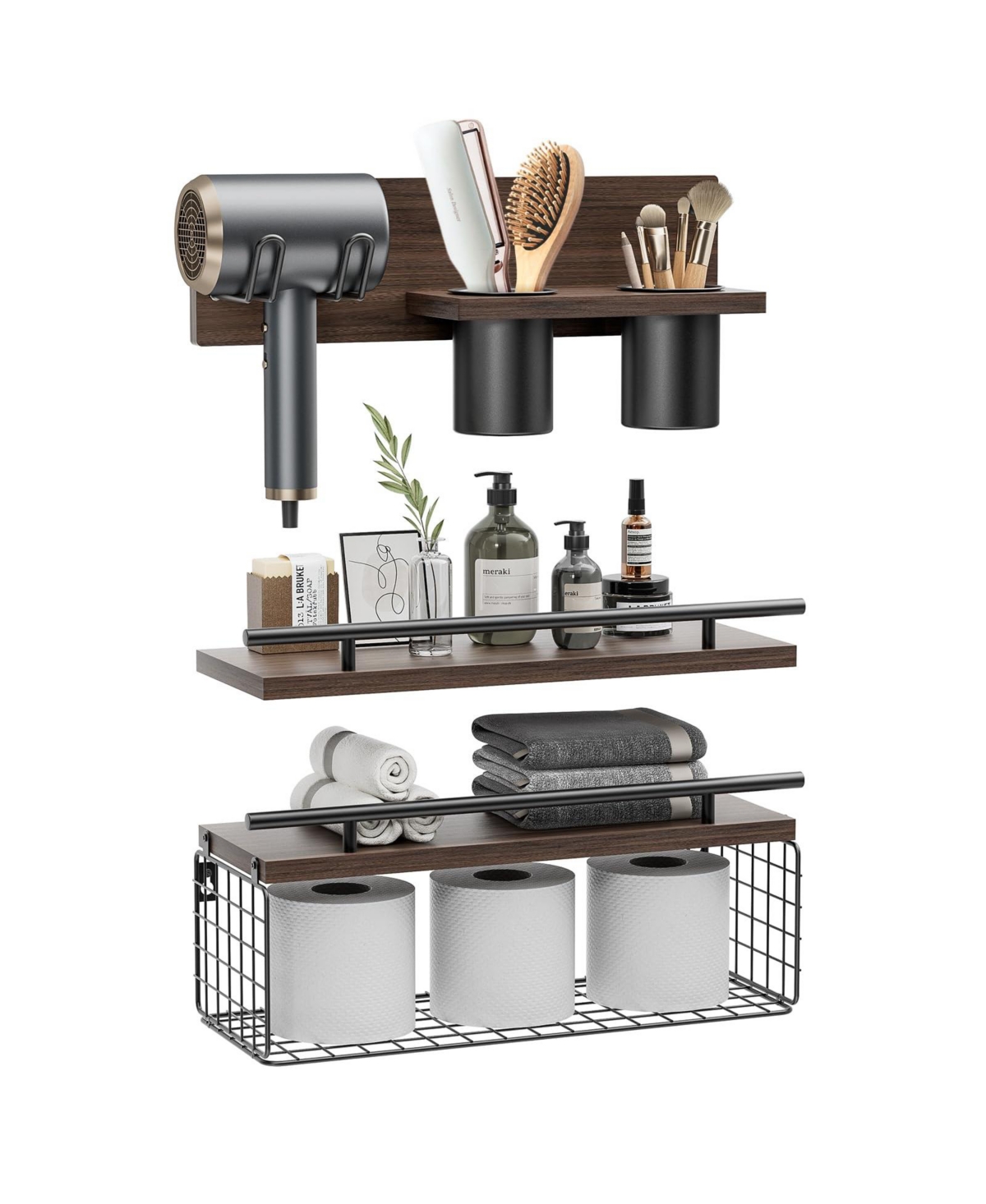 Cyqbd Bathroom Hardware Floating Shelves Hair Dryer Holder Wall Mounted Wood Over Toilet Set 3 Rustic