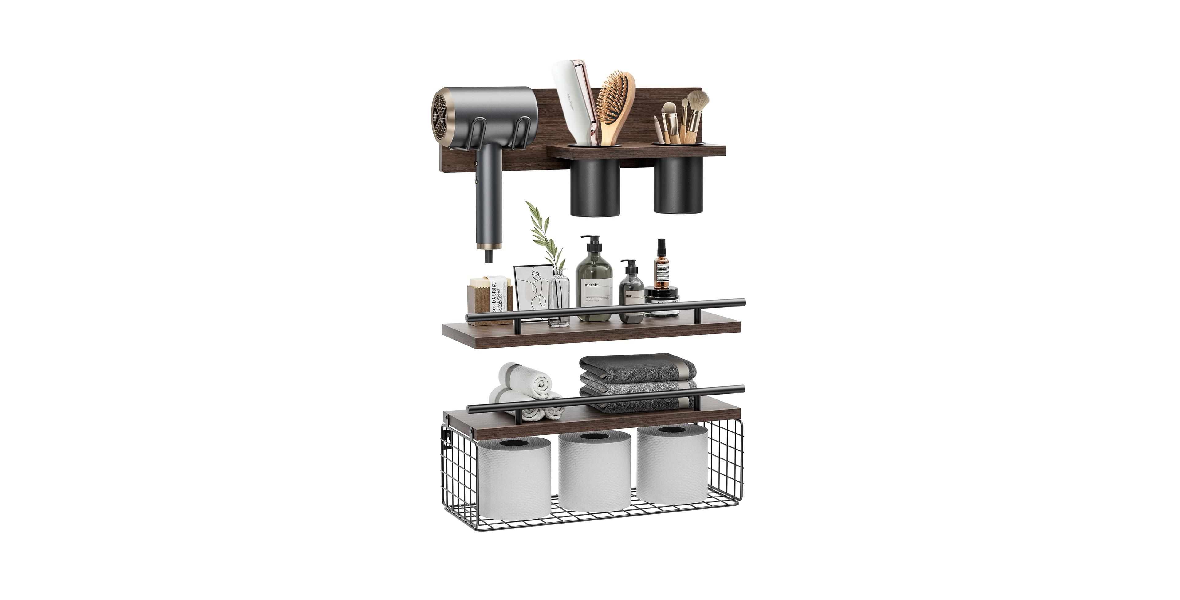 Cyqbd Bathroom Hardware Floating Shelves Hair Dryer Holder Wall Mounted Wood Over Toilet Set 3 Rustic