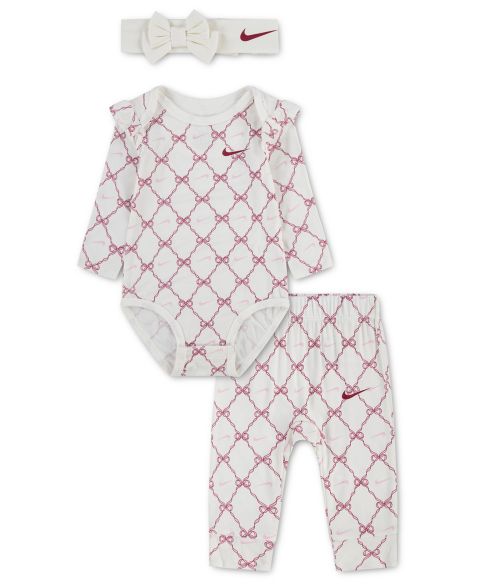 Комплекты Nike Long-Sleeve Bow-Print Bodysuit, Pants and Headband, 3-Piece Set для девочек-малышей, цвет: Молочный / Свекольный