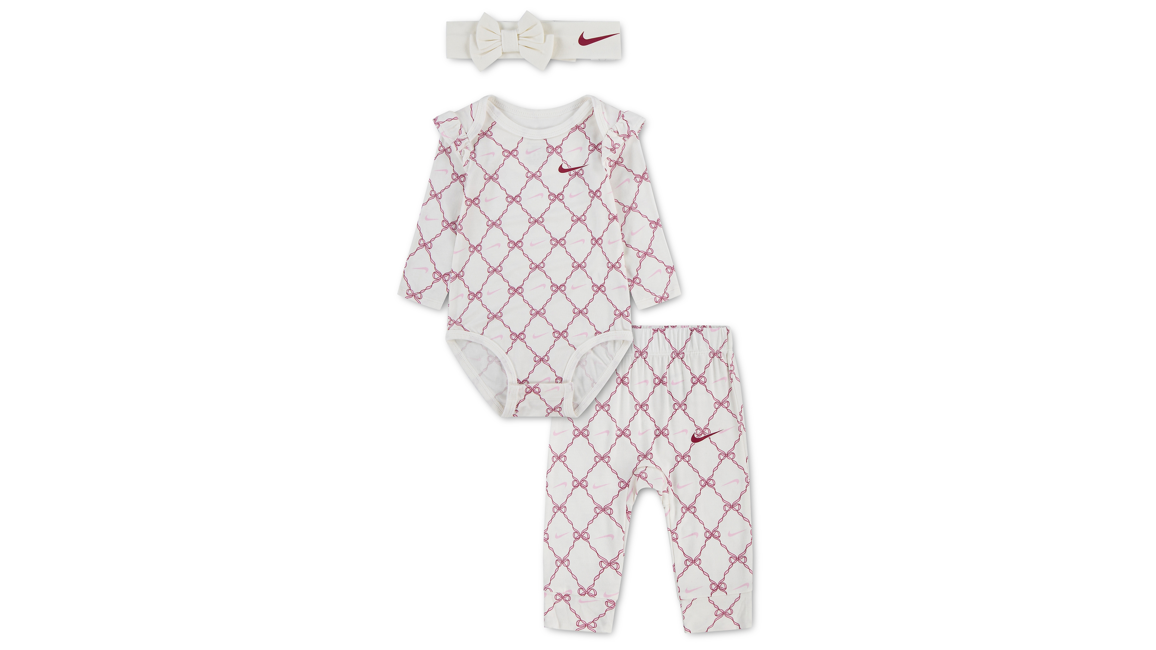 Nike Baby Girls' Long-Sleeve Bow-Print Bodysuit, Pants and Headband, 3-Piece Set