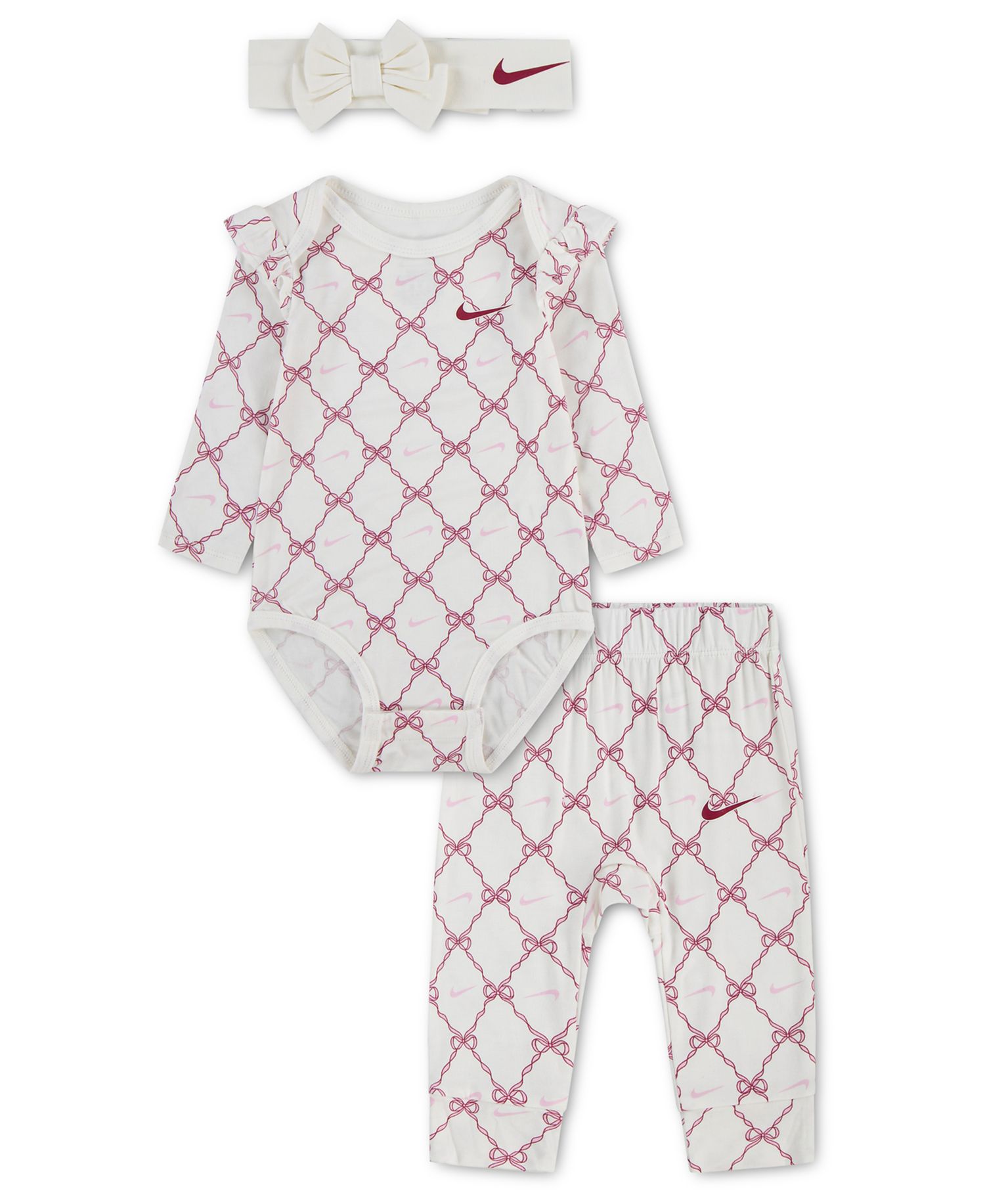 Baby Girls' Long-Sleeve Bow-Print Bodysuit, Pants and Headband, 3-Piece Set
