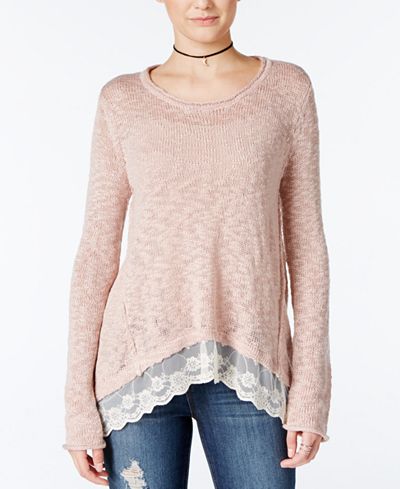 Hippie Rose Juniors' Lace-Trim Asymmetrical-Hem Sweater