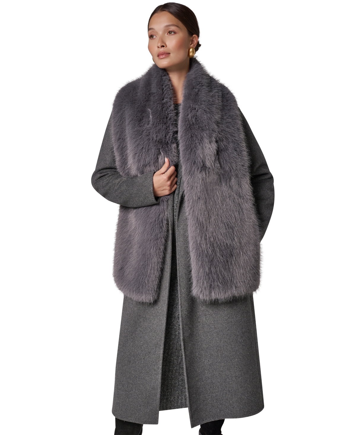 Donna Karan New York Women's Long Wool-Blend Faux Fur Trim Coat