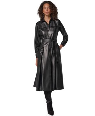Donna Karan New York Women's Faux Leather Belted Fitted Shirt Dress