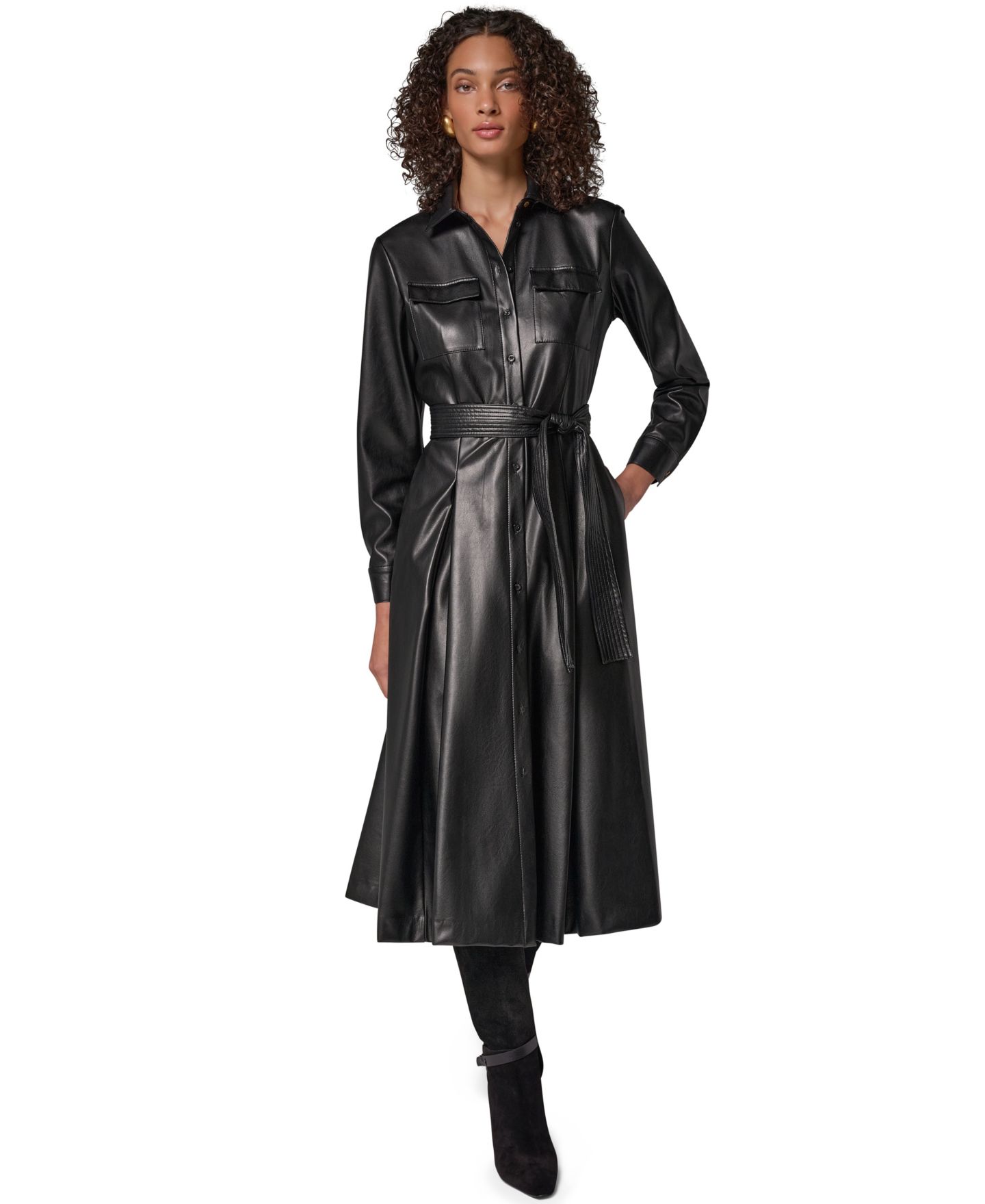 Женское платье Donna Karan New York Faux Leather Belted Fitted Shirt Dress, цвет: Чёрный — фото 2