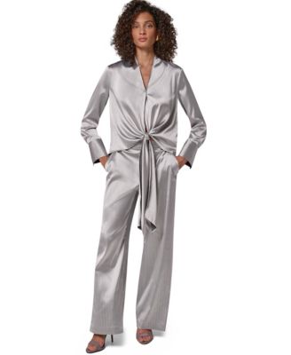 Women's Long-Sleeve Wrap V-Neck Blouse and Wide-Leg Pull-On Metallic Satin Pants