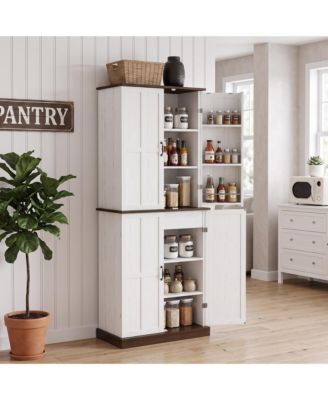 Food Pantry Cabinet 74.6" Adjustable Shelves Farmhouse Kitchen Storage Cabinet