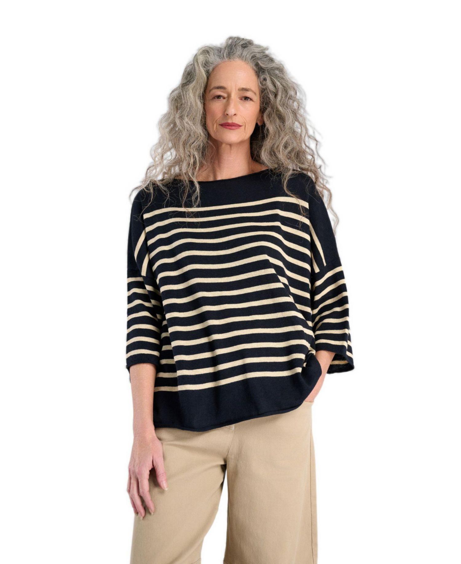 Women's Carolina Boat Neckline Striped 3/4-Sleeve Sweater