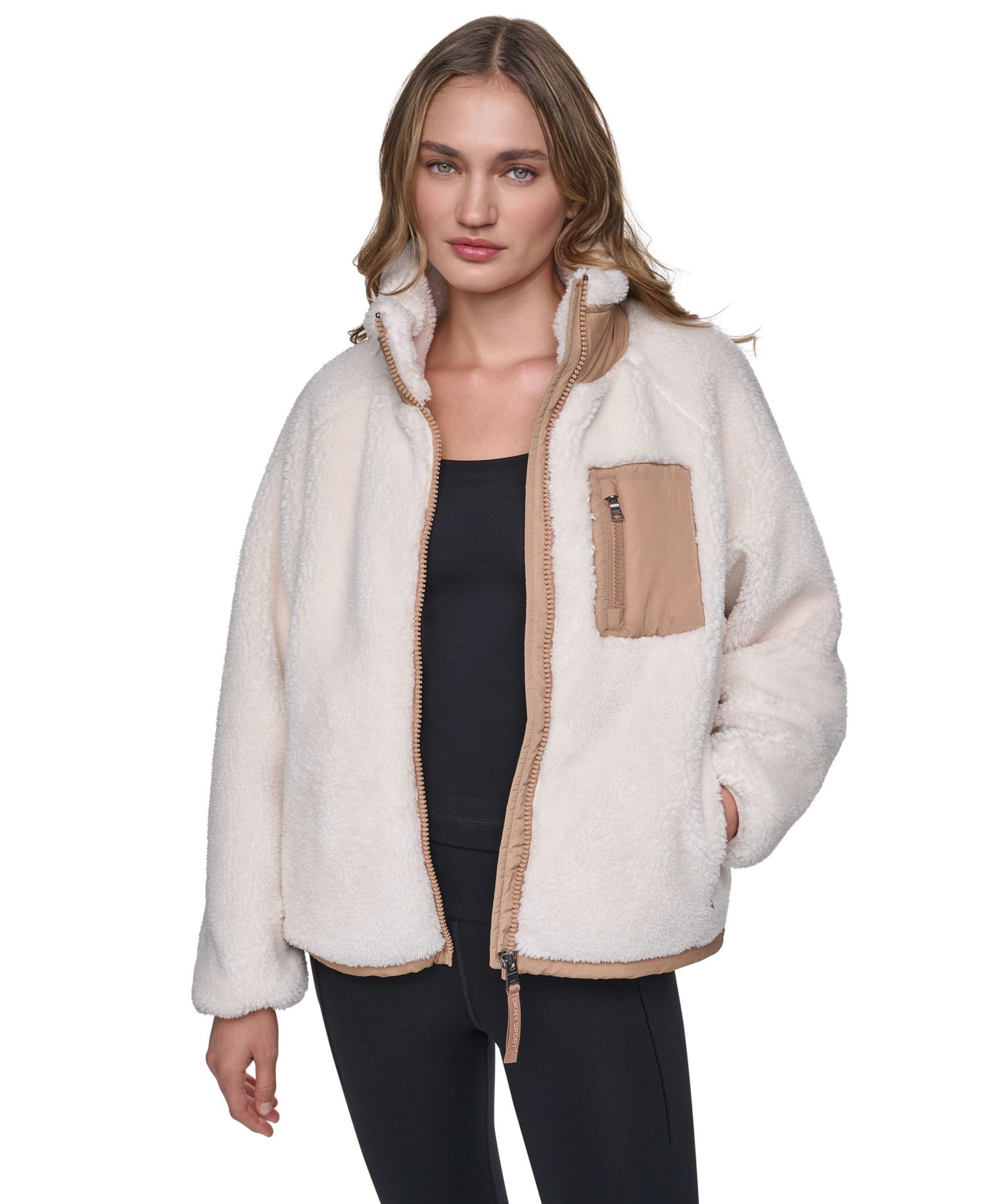 Women's Mock Neck Sherpa Jacket with Woven Piecing