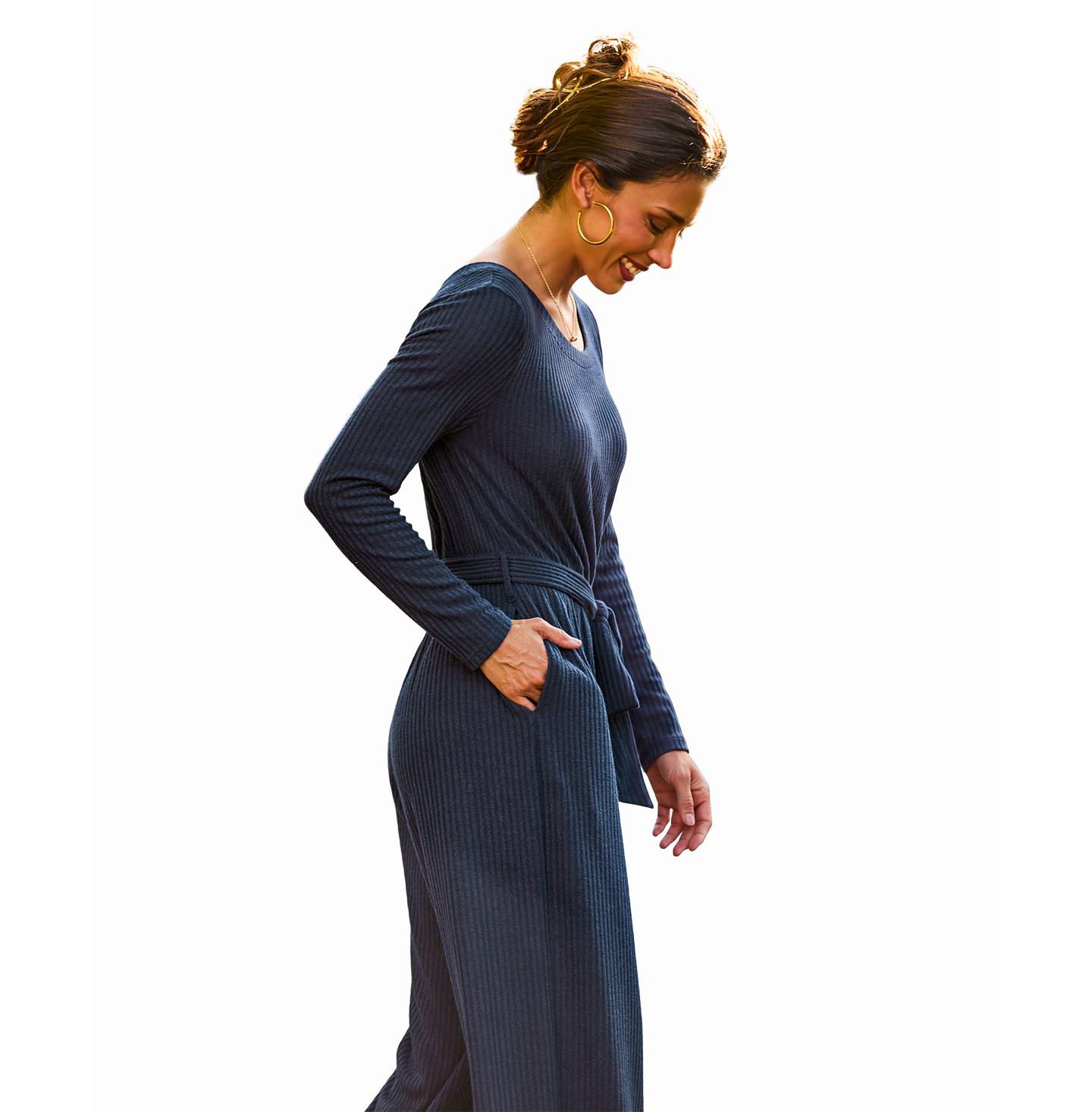 Женский комбинезон Cupshe A Good Look Off-the-Shoulder Long-Sleeve Wide-Leg Jumpsuit, цвет: Тёмный синий — фото 2