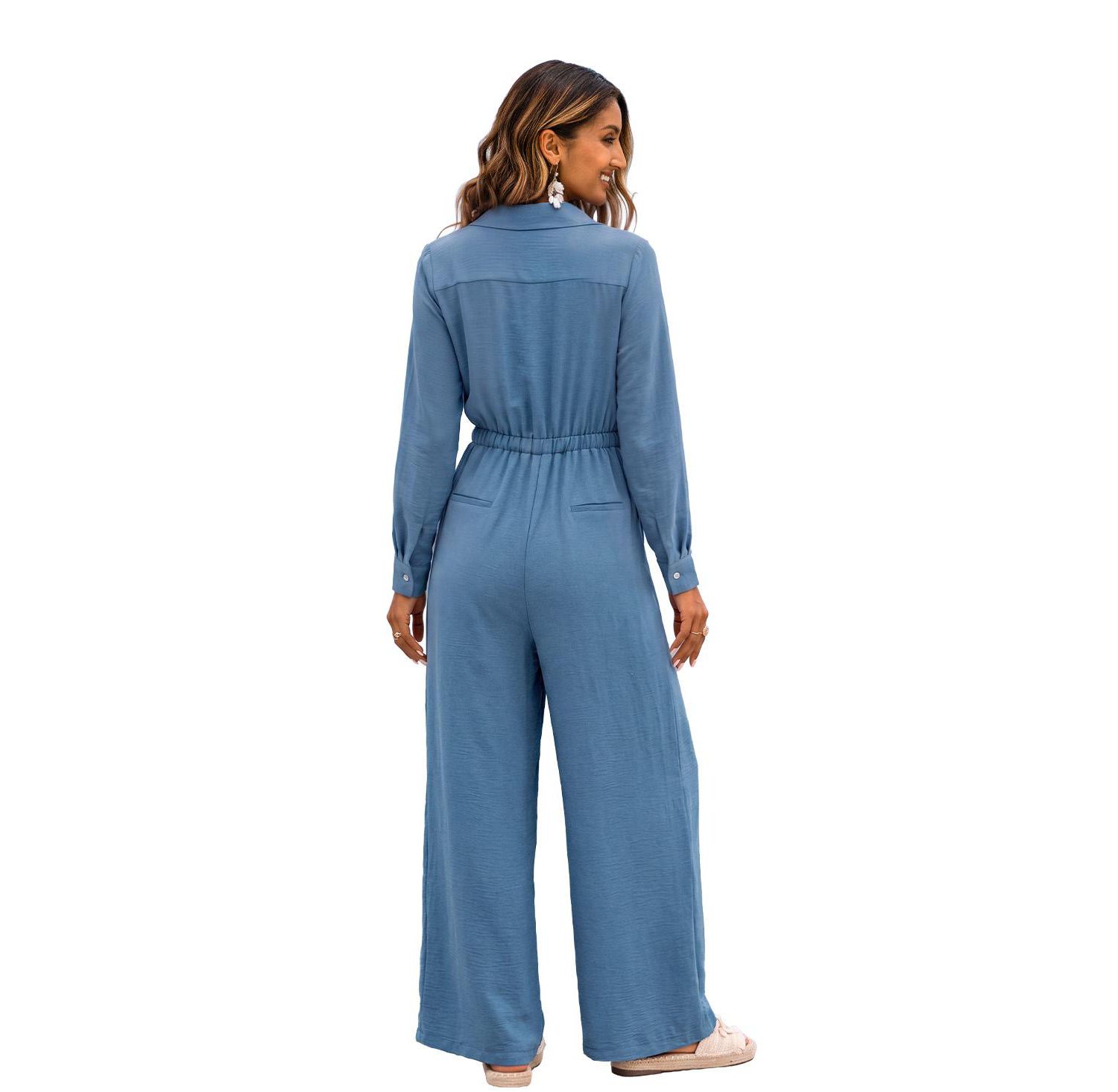Women's Long-Sleeve Wide-Leg Collared Jumpsuit