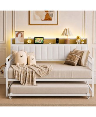 Twin Daybed with Trundle and LED Light, Upholstered Storage Headboard with Charging Station, Metal Frame Sofa Bedroom