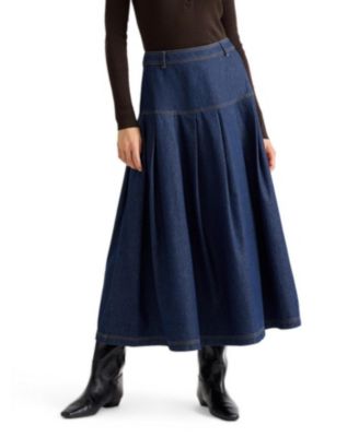 Women's Drop Waist Pleated Denim Midi Skirt
