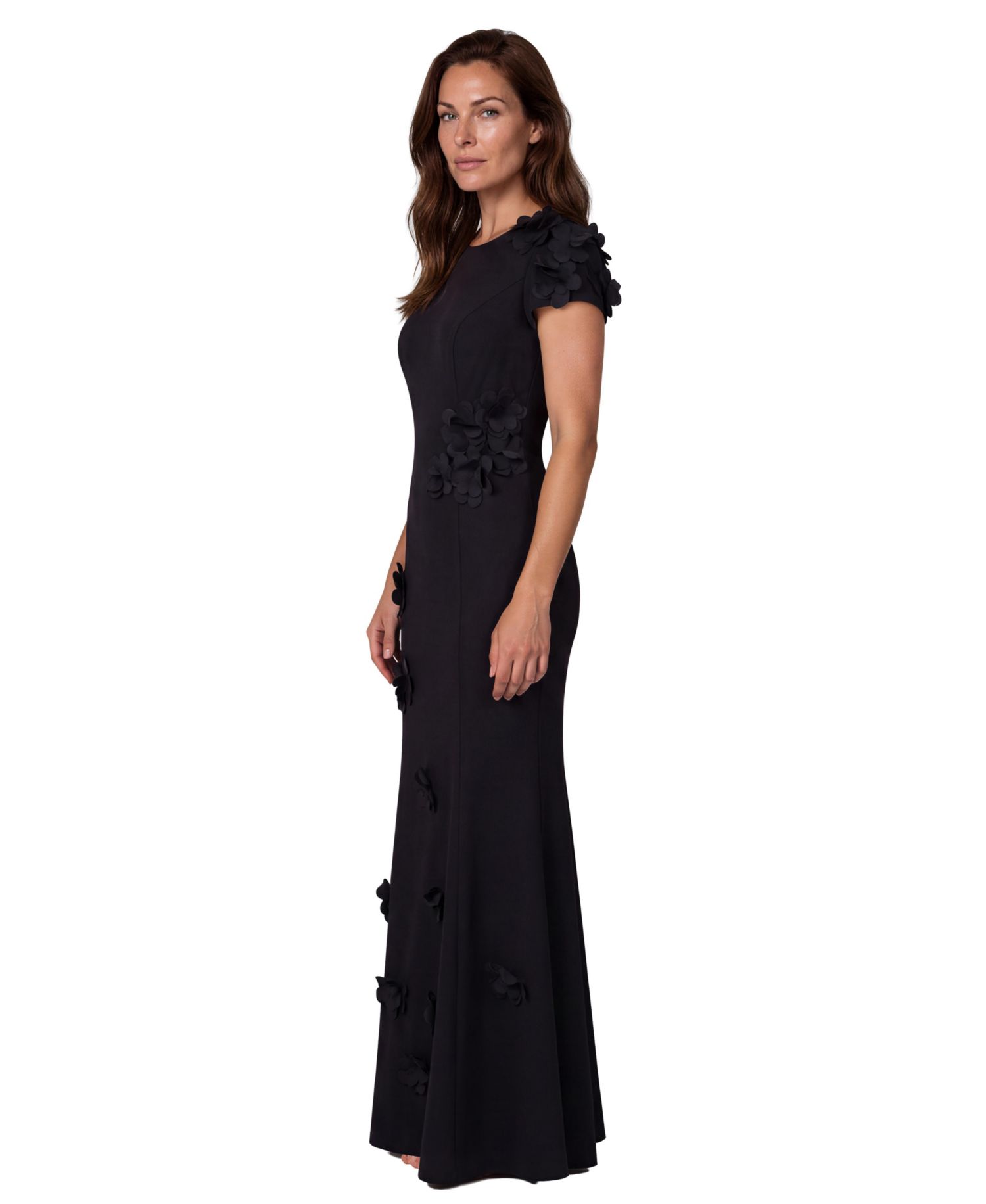 Women's High Neck Stretch Crepe Fit And Flare Gown with Sequin Appliques