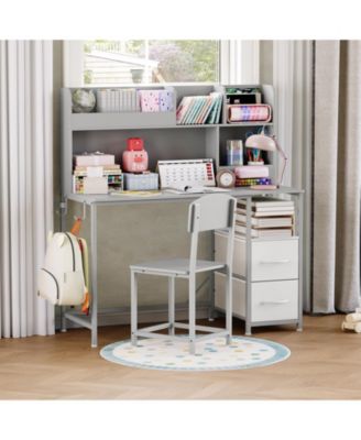 Kids Desk and Chair Set with Storage Drawers, Wood Study Table for Ages 6-12
