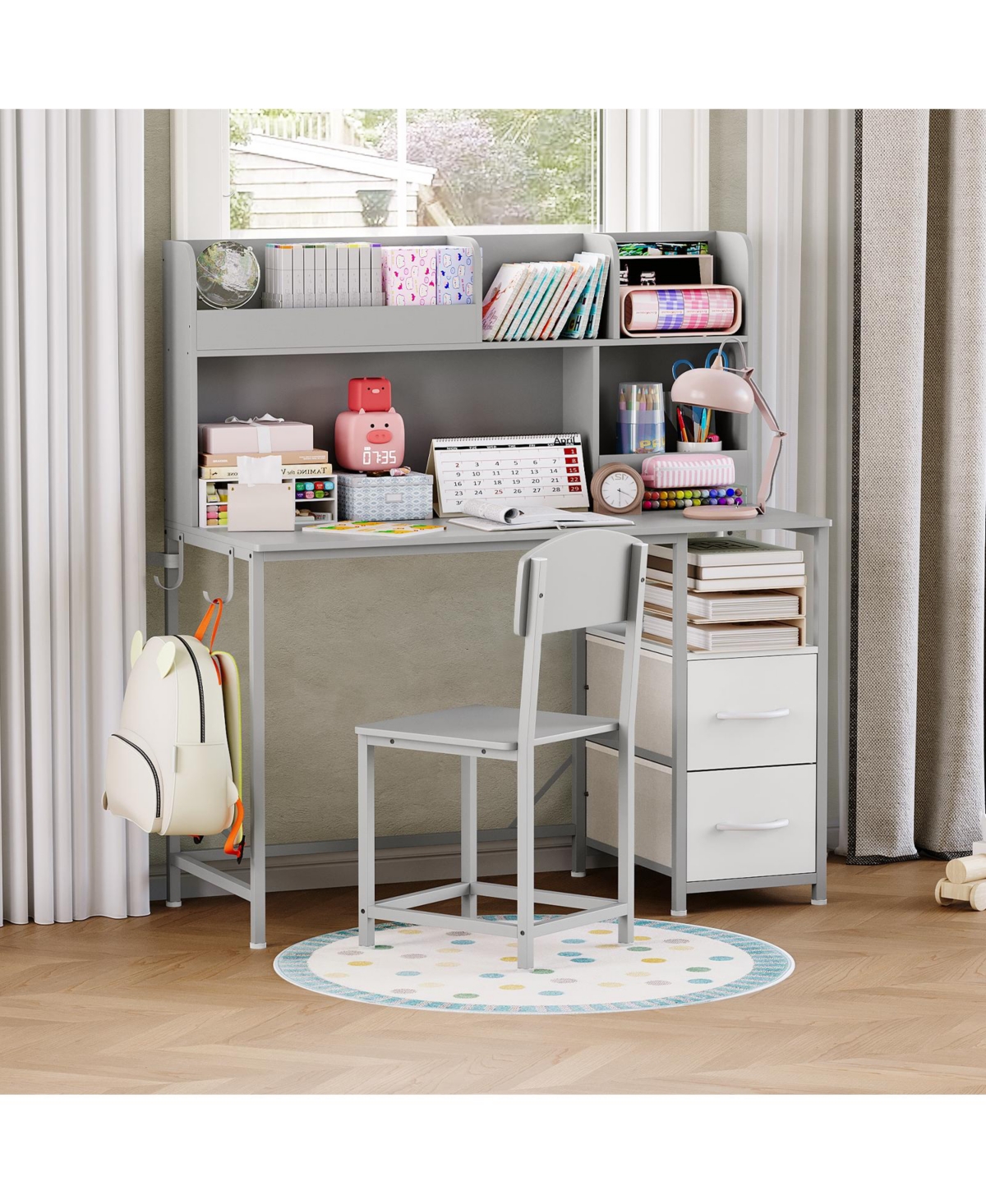homfan Kids Desk and Chair Set with Storage Drawers, Wood Study Table for Ages 6-12 - Grey