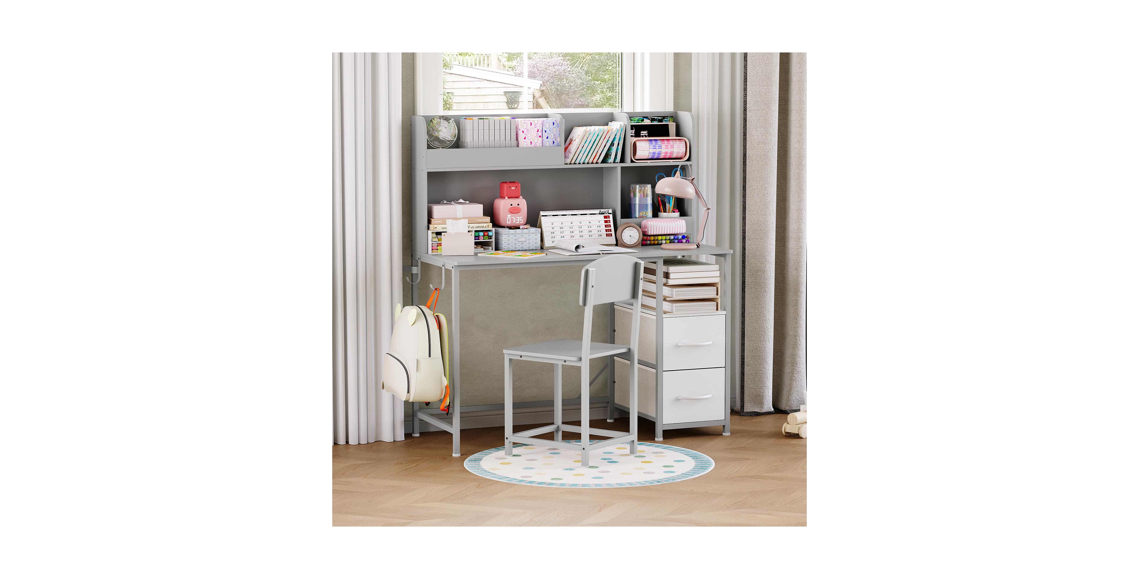 homfan Kids Desk and Chair Set with Storage Drawers, Wood Study Table for Ages 6-12