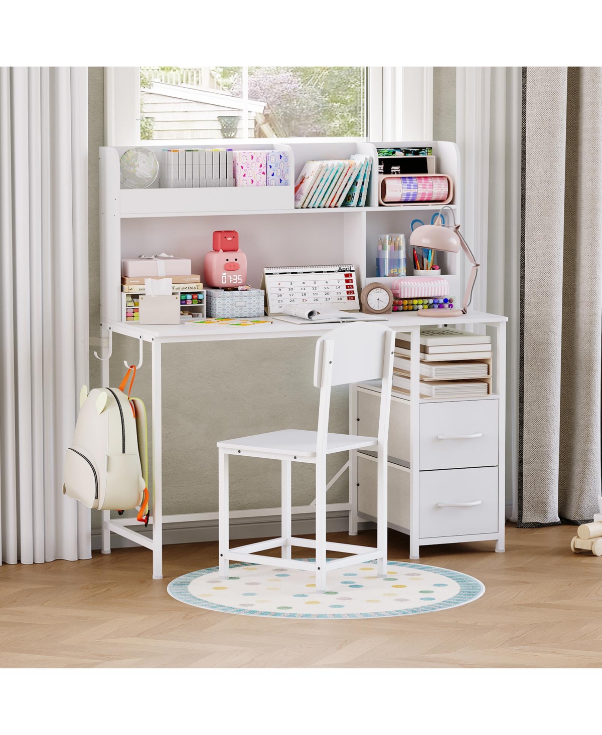 homfan Kids Desk and Chair Set with Storage Drawers, Wood Study Table for Ages 6-12 - White