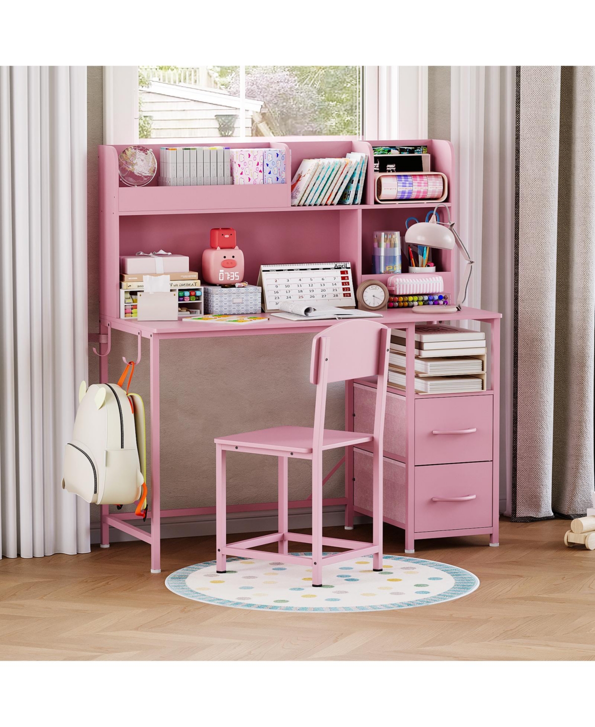 homfan Kids Desk and Chair Set with Storage Drawers, Wood Study Table for Ages 6-12 - Pink