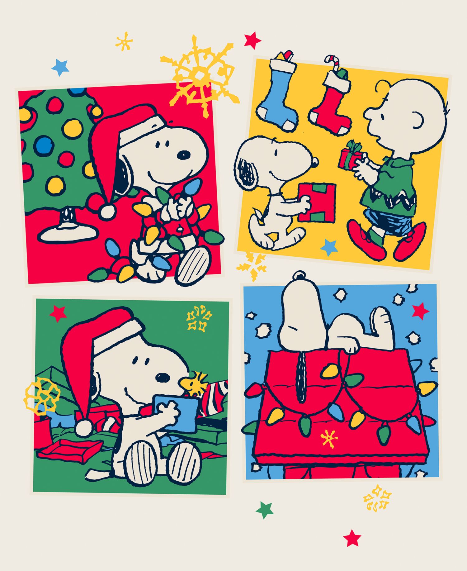 Men's Snoopy Christmas Squares Graphic Holiday Crewneck T-Shirt