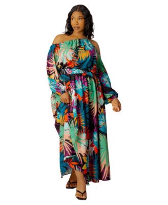 Plus Size Tropical-Print Voluminous-Sleeve One-Shoulder Maxi Dress
