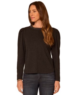 Petite Long-Sleeve Rhinestone Scoop-Neck Blouse