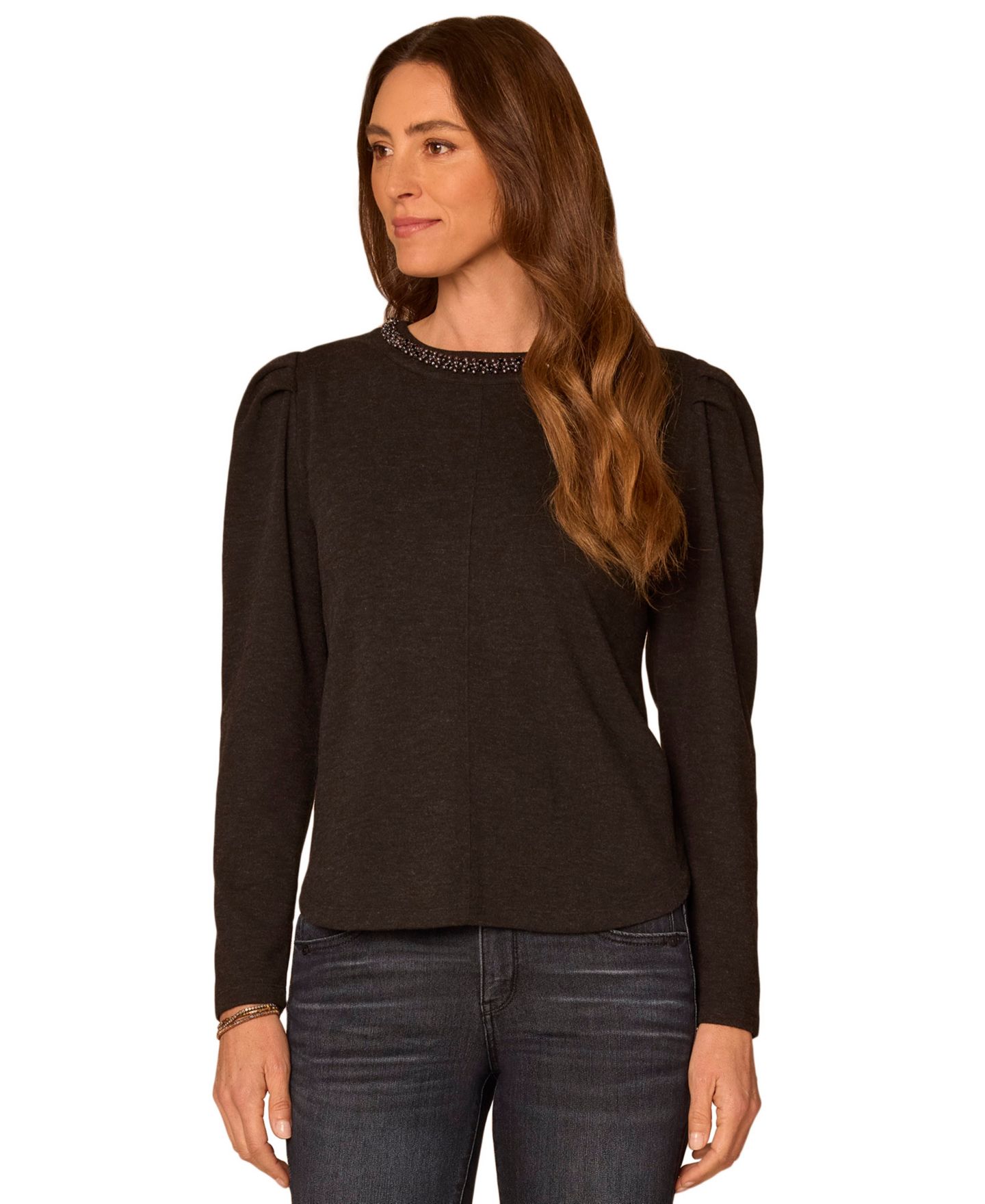 Женская блузка Democracy Petite Long-Sleeve Rhinestone Scoop-Neck Blouse, цвет: Чёрный — фото 1