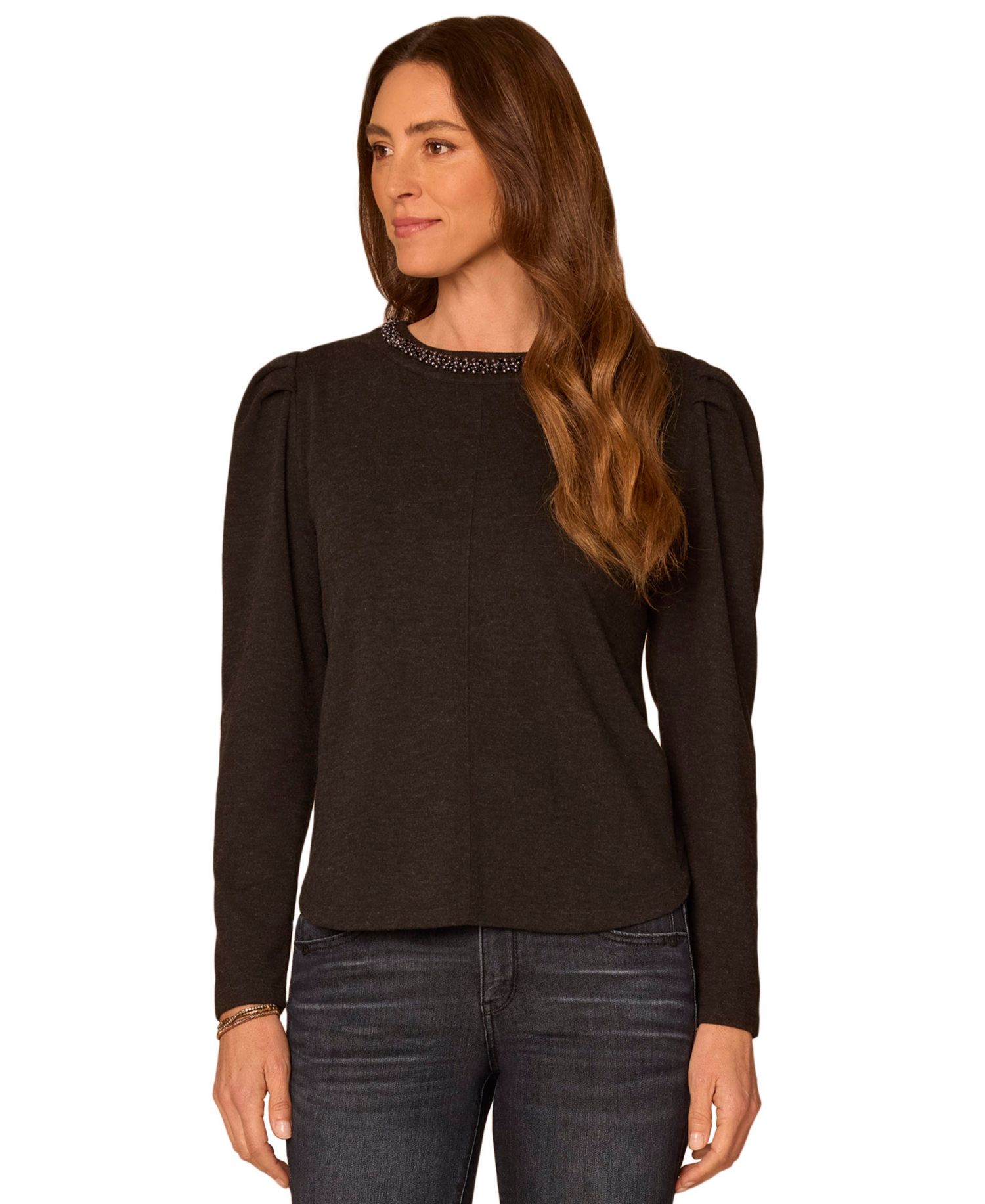 Petite Long-Sleeve Rhinestone Scoop-Neck Blouse