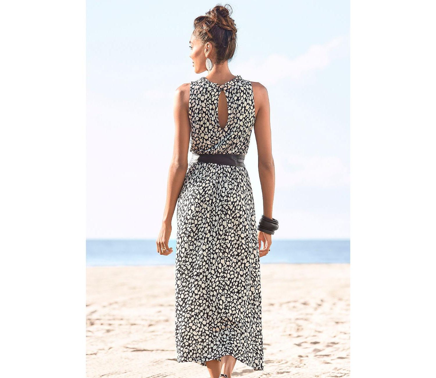 Women's Viscose Printed High Neck Ruffle-Trim A-Line Maxi Dress