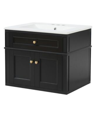 24 Inch Wall Mounted Modern Bathroom Vanity with Ceramic Sink Tip Out Drawer Soft Close Hinges 2 Doors Back Open Structure