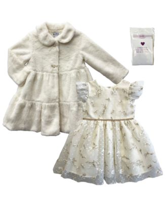 Baby Girls' Fur Coat and Sleeveless Dress with Tights, 3-Piece Set