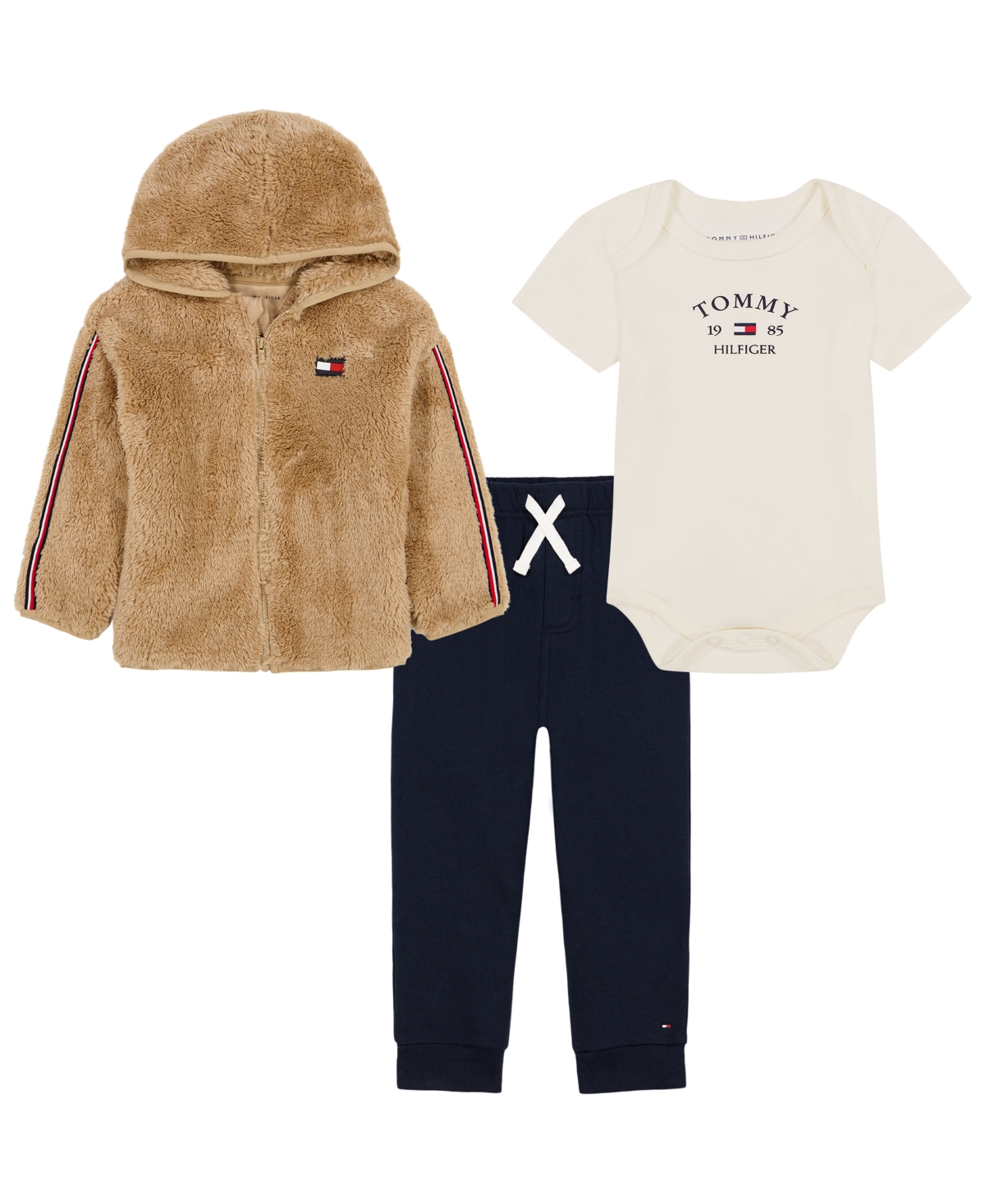 Tommy Hilfiger Baby Boys' Sherpa Zip-Up Hooded Jacket, Bodysuit and Pants, 3-Piece Set - Travertine/Navy/Vanilla