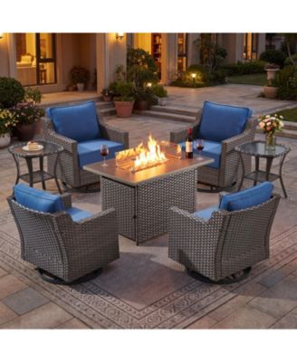 Horiz 7-Piece Patio Conversation Set with 50,000 BTU Fire Pit Table, 4 Swivel Rocking Chairs and 2 Side Tables, All-Weather PE Rattan