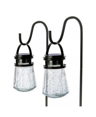 Secure Solar Hanging Lantern Lights 2-Pack with Shepherd Hooks - Outdoor Crackle Glass Pathway Lights, 3000K LED, 28" Tall