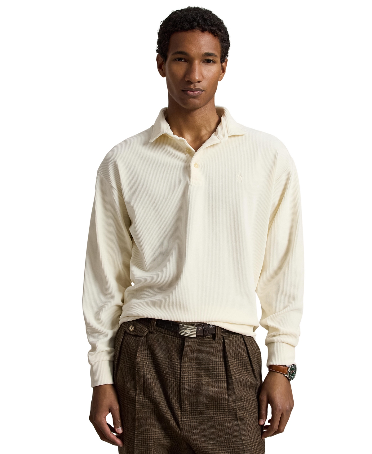 Polo Ralph Lauren Men's Long-Sleeve Relaxed-Fit Knit-Corduroy Polo - Clubhouse Cream