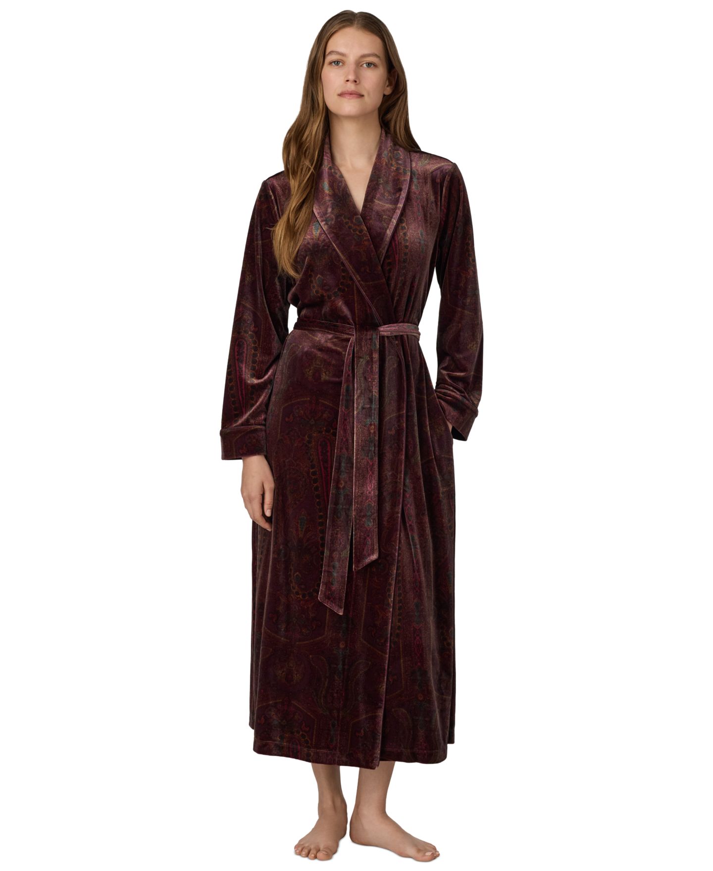 Халат Shawl-Collar, длинный рукав, бархат — Lauren Ralph Lauren, цвет: Тёмный красный — фото 1