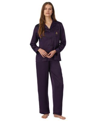 Women's Satin Long Sleeve Notch Collar Pajama Top and Pajama Pants, 2-Piece Set