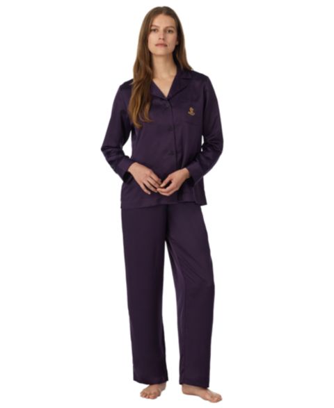 Lauren Ralph Lauren Women's Satin Long Sleeve Notch Collar Pajama Top and Pajama Pants, 2-Piece Set, цвет: Aubergin
