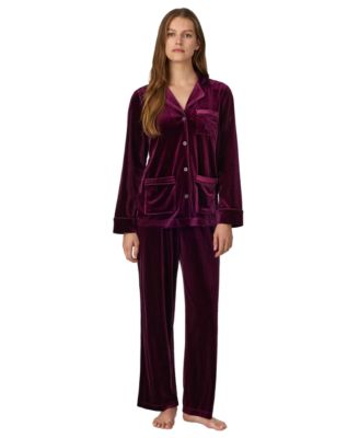 Women's Velvet Long-Sleeve Notch Collar Top and Pants, 2-Piece Set