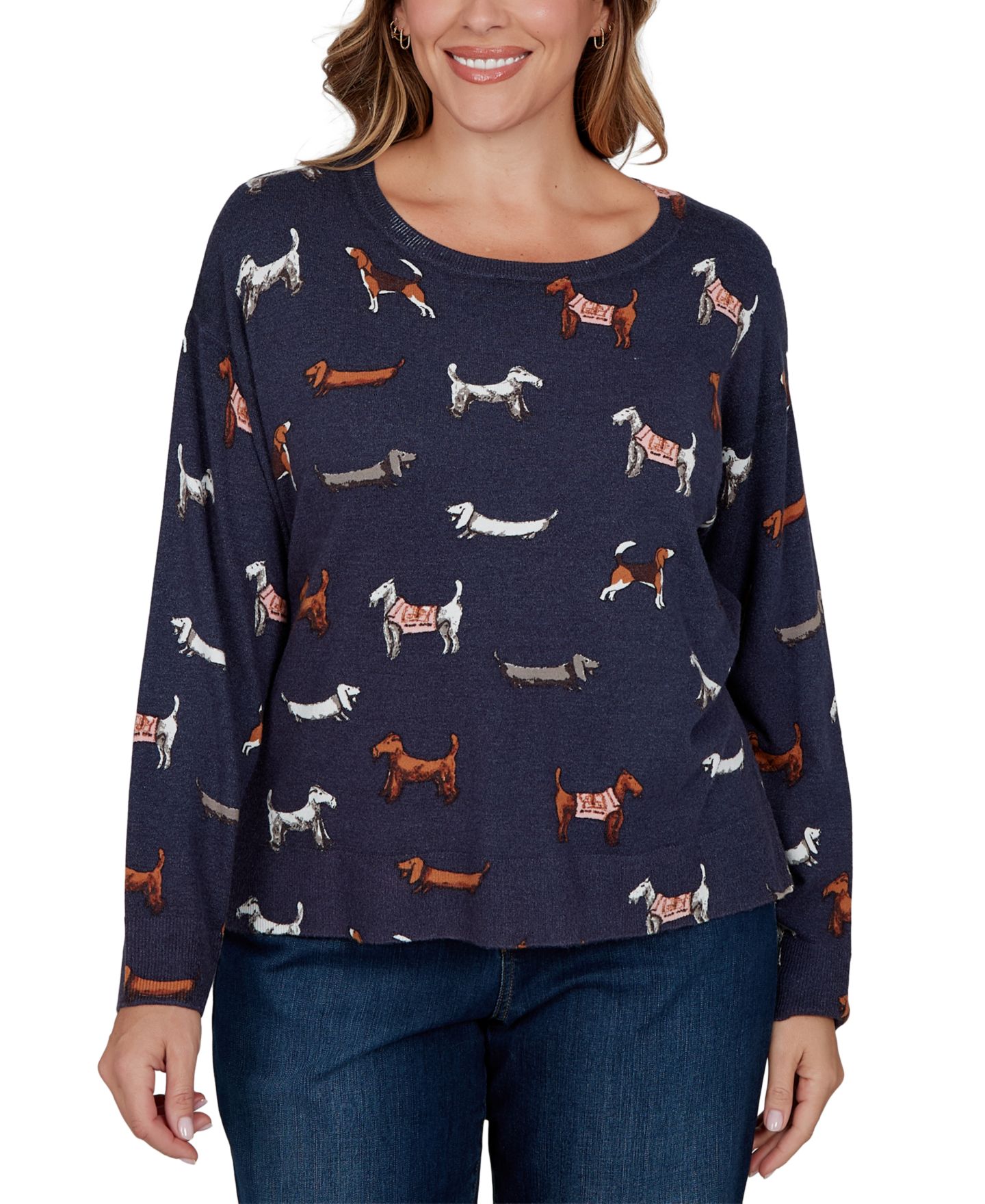 Женский свитер Ruby Rd. Plus Size Ballet Neckline Allover Dog Print Long-Sleeve, цвет: Тёмно-синий разноцветный — фото 1