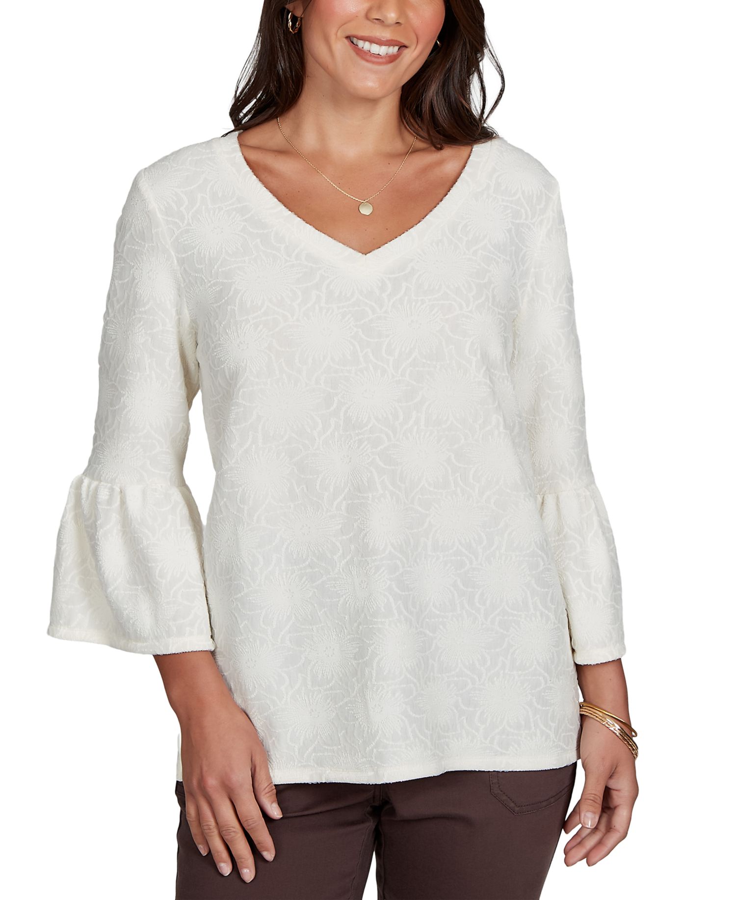 Petite V-Neck Floral-Print Bell-Sleeve Top