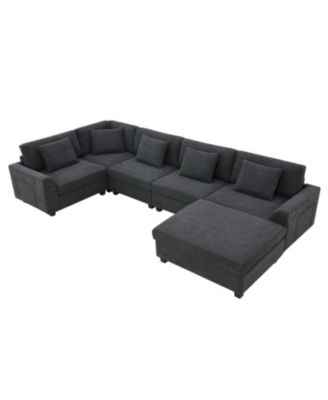 U Shaped Sectional Sofa 6 Seat Chenille Couch Set with Oversized Ottoman USB Charging Ports Sofa for Living Room