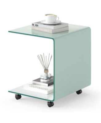 C Shaped End Table Modern Tempered Glass Side Table with Shelf