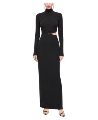 Women's Stand Collar Long-Sleeve Button Detail Maxi Dress