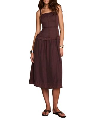 Women's Square Neck Drop Waist Ramie Midi Dress
